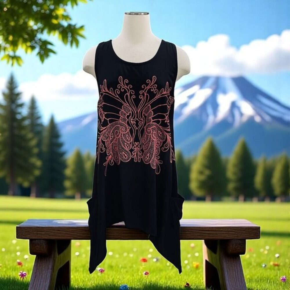 Hibis Lace Works Black‎ Handkerchief Hem Top M Boho Festival Embroidered Rayon